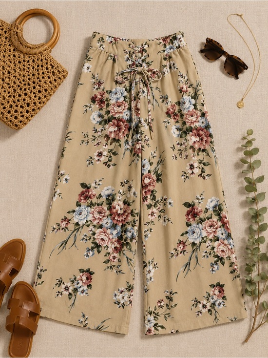 mine Pants - Mine Floral Wide-Leg Pants in Beige